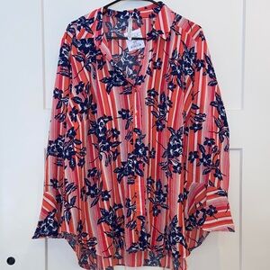 3x NY Collection Coral and Navy Floral Stripe Button-Down Shirt